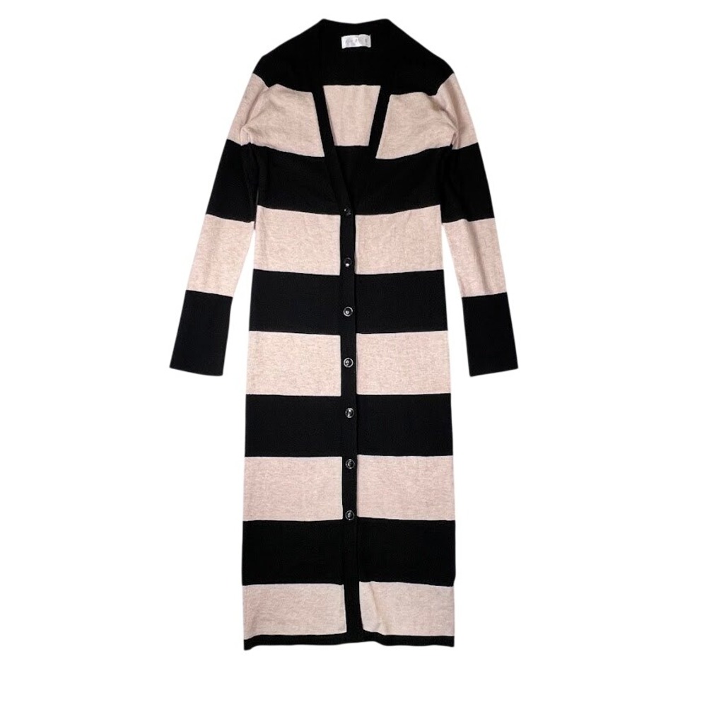 Longline Duster Cardigan Black Beige Stripe Button Front Knit Small‎